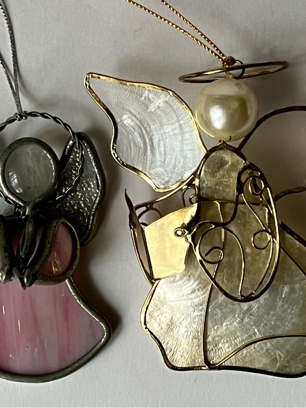 Stained Glass Angel Hanging Ornament and Mother of Pearl Ornament Set